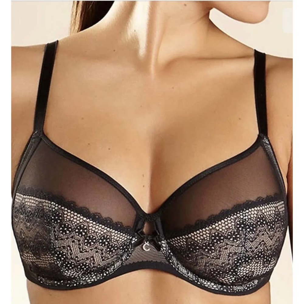 Chantelle 1571 Revele Moi Black Nude Lace Side Support Underwire Bra Size 32H